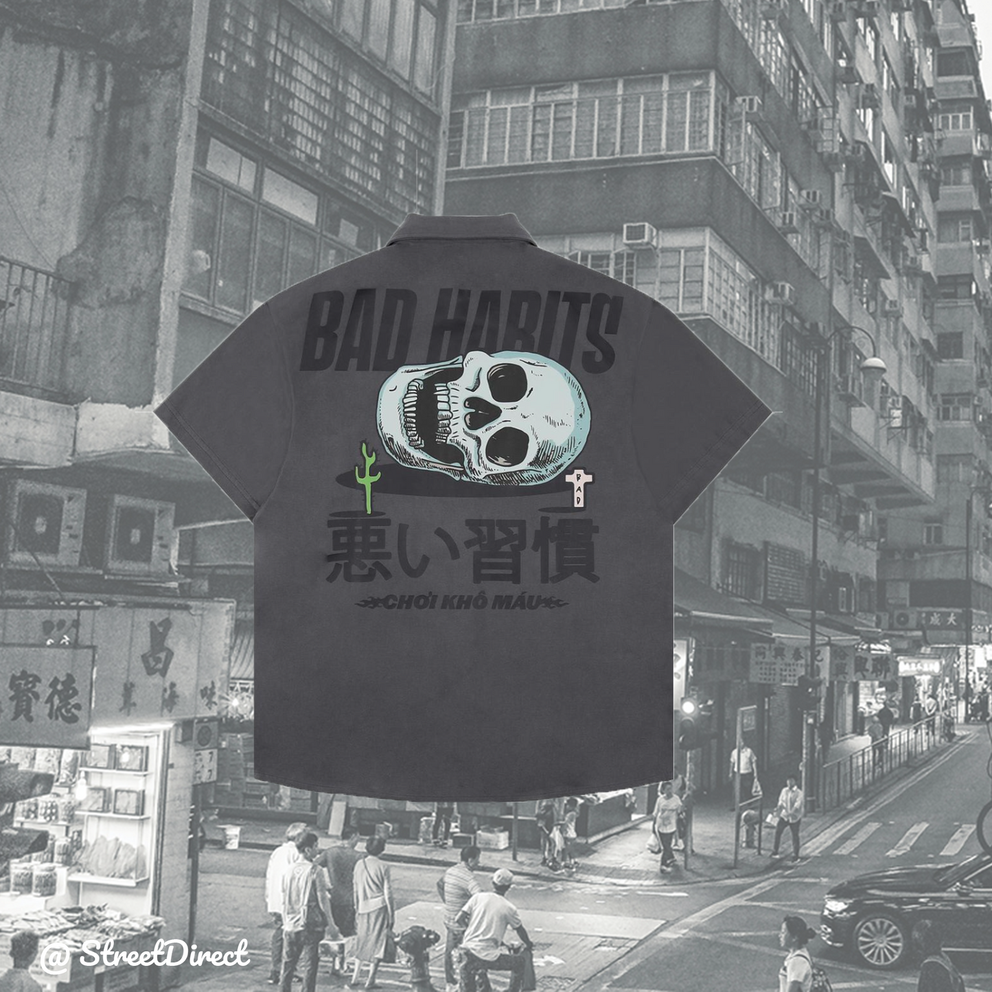GREY Oversized Skull Button Tee